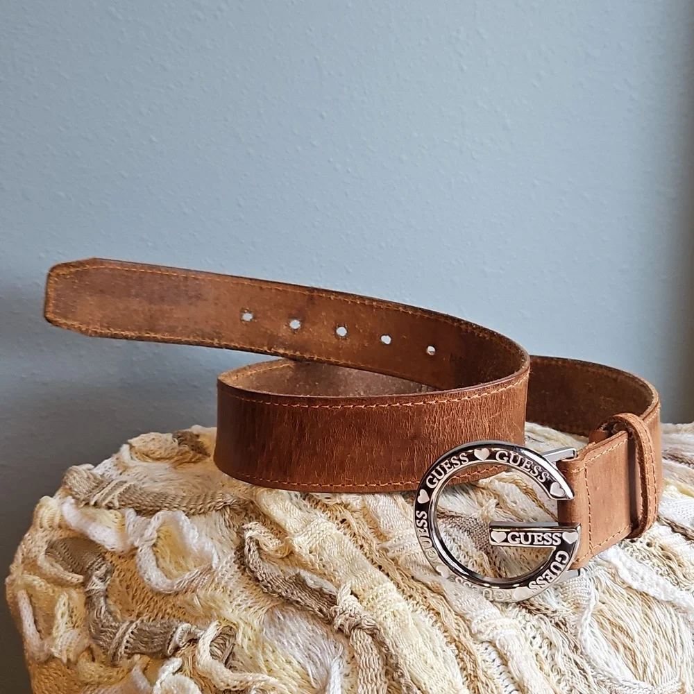Guess Belt Leather Y2K Silver G Buckle with Hearts Brown Strap Size Sm